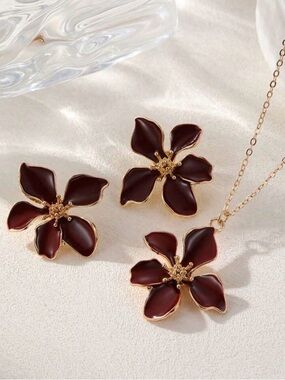 Gold-Trim Burgundy Floral Drop Earrings + Necklace